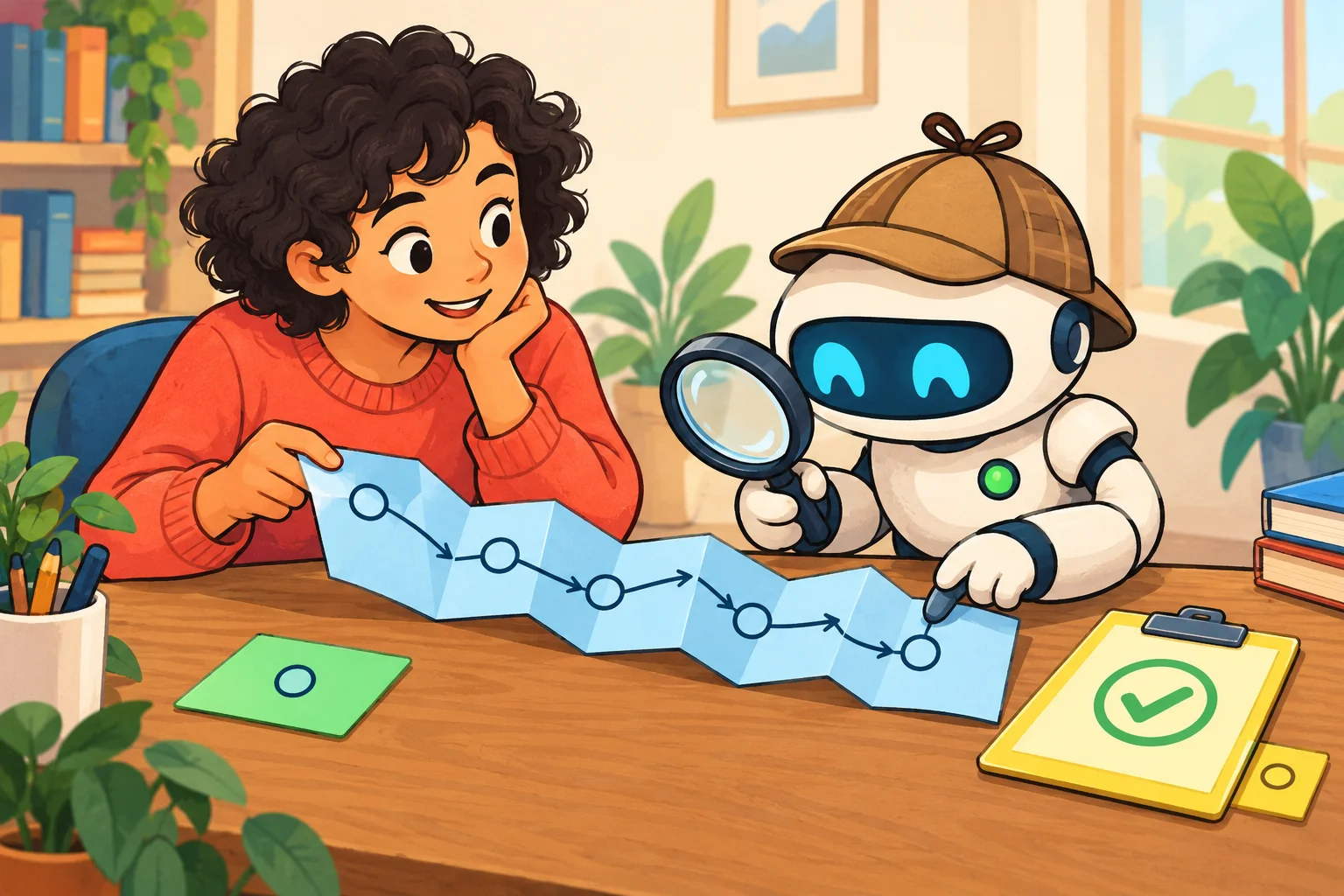 A detective robot retraces a blue paper trail with a magnifying glass beside a green answer card and a yellow checking clipboard with a check mark and reminder tab.