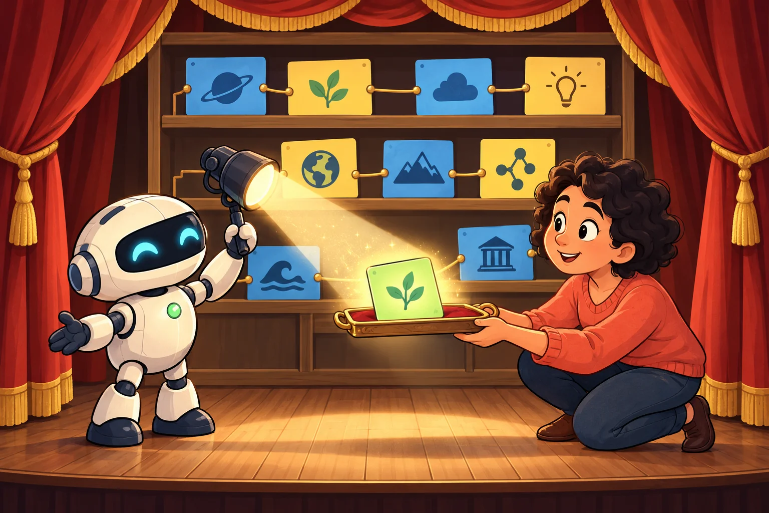 The robot shines a spotlight on one green answer card while other connected fact cards remain on the shelves; the learner receives the selected card.