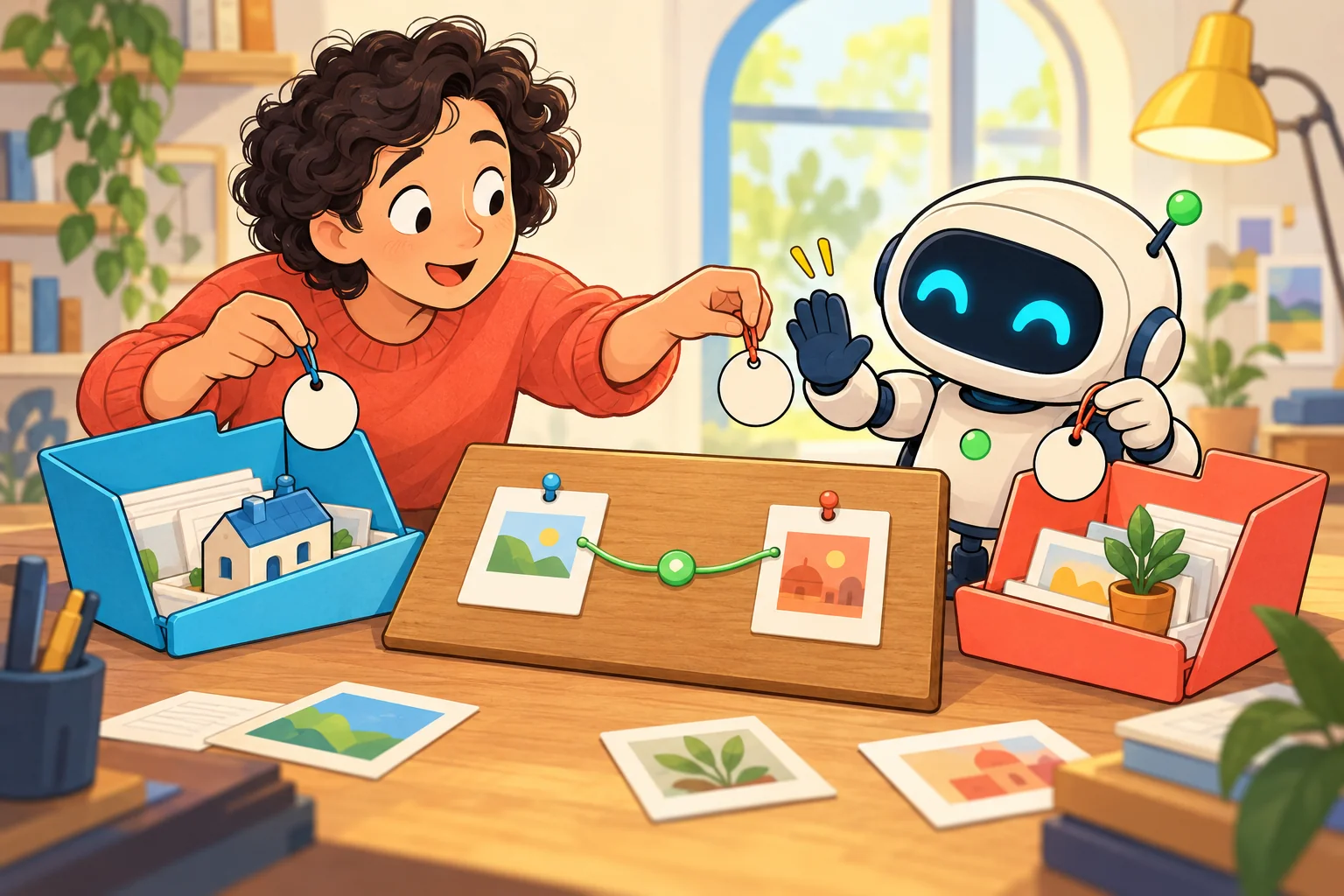 The robot helps a learner keep blank tags in separate blue and red folders while ordinary cards from both folders join one shared board.