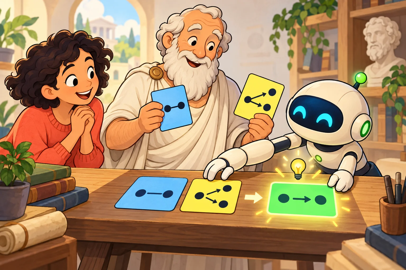 A curious learner and a small robot welcome a philosopher to a workshop, combining a blue fact card and a yellow rule card into a green conclusion.